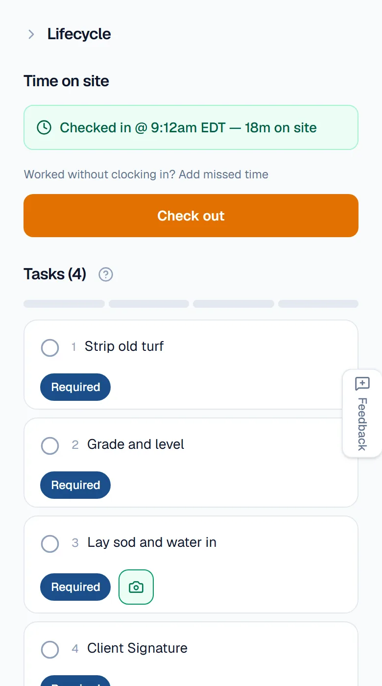 A crew member's phone on the live job: the time-on-site card showing when she checked in, with the Check out button and her task list below it.